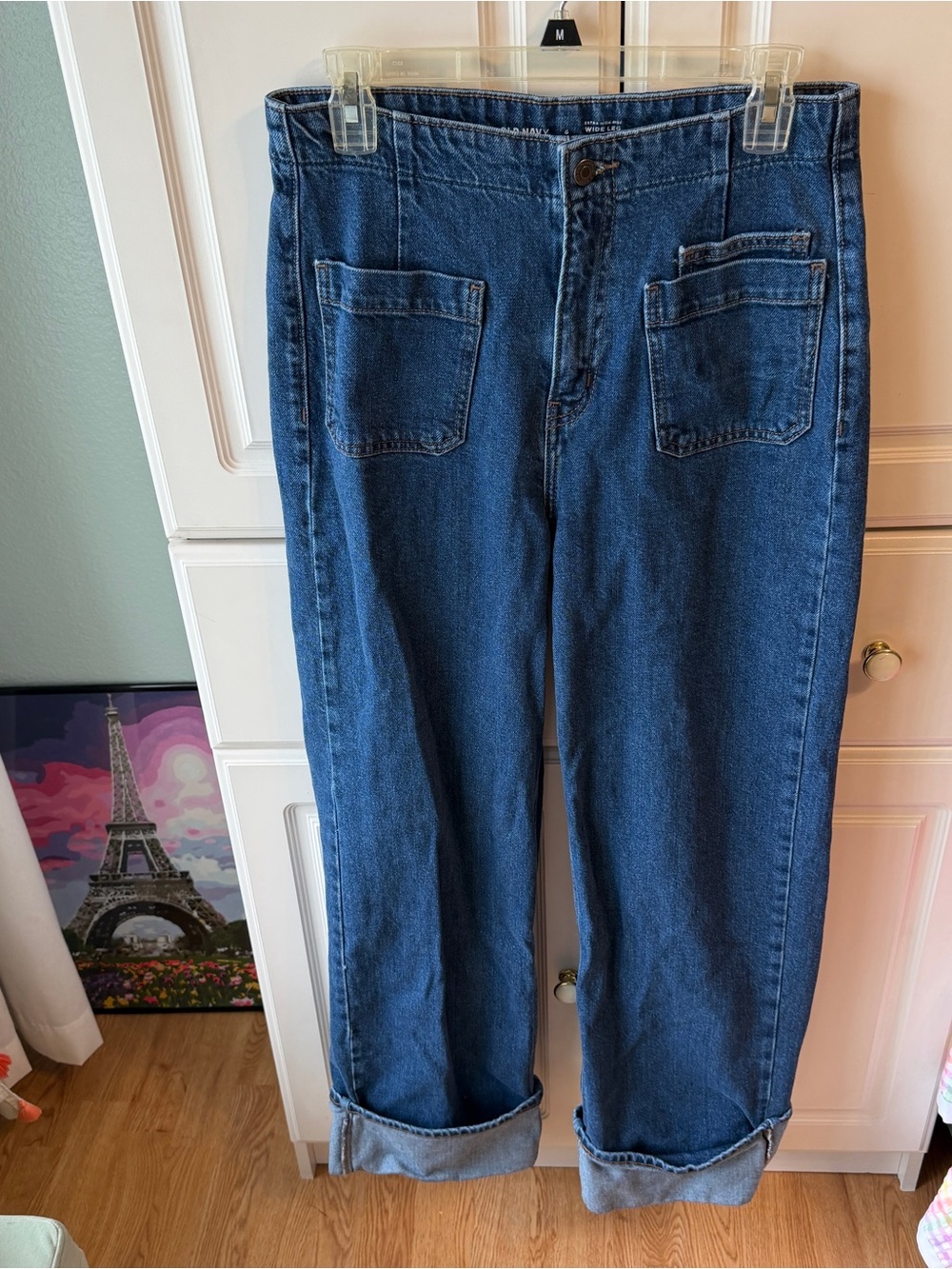Old Navy Dark Blue Boyfriend Jeans with Front Patch Pockets and Cuffed ends - Picture 2 of 8